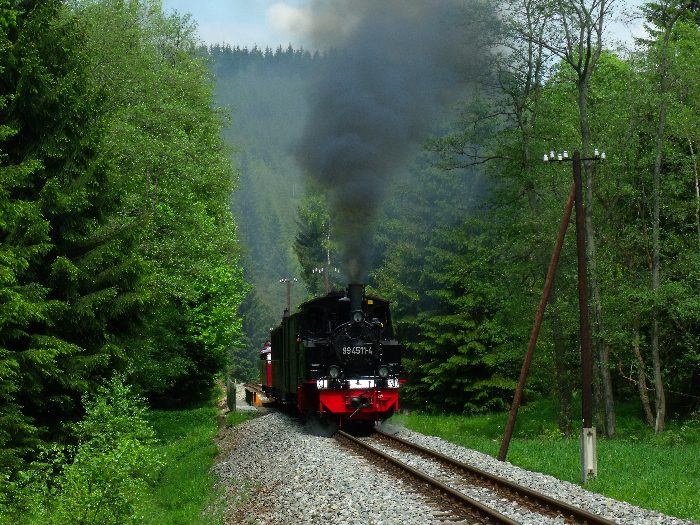 99&nbsp;4511 mit Zug&nbsp;47 hinter der Schwarzwasserbrücke und dem Loreleifelsen vor Einfahrt Schlössel, um 13:02h am 27.05.2012