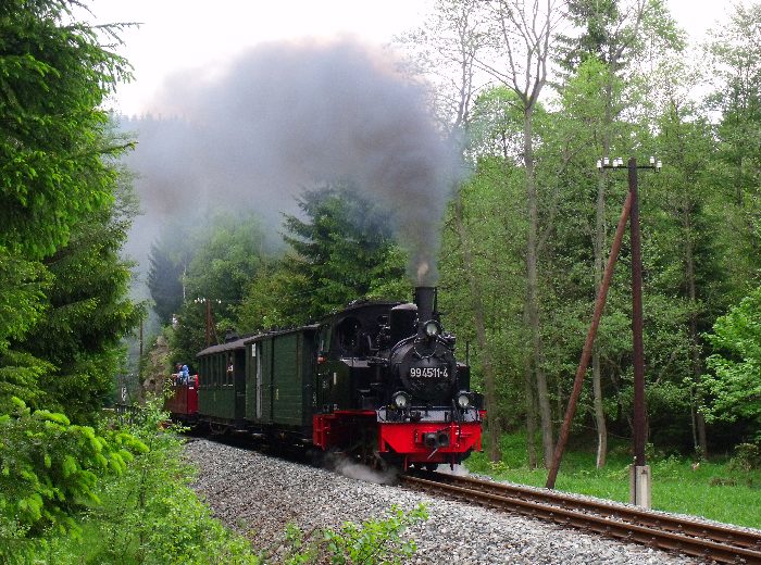 99&nbsp;4511 mit Zug&nbsp;51 hinter der Schwarzwasserbrücke und dem Loreleifelsen vor Einfahrt Schlössel, um 15:04h am 27.05.2012
