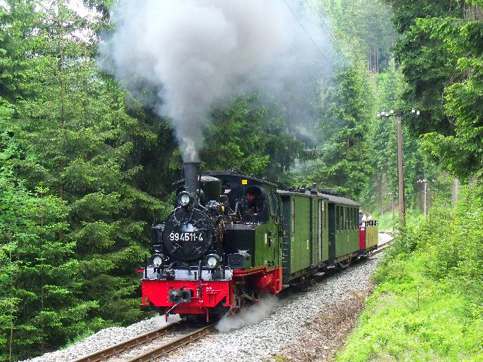 99&nbsp;4511 mit Zug&nbsp;49 kurz vor der engen Kurve im Tal weit hinter Schmalzgrube bei km&nbsp;20,1, um 13:59h am 26.05.2012