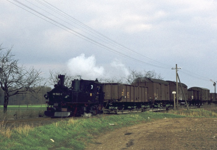 99&nbsp;1562 mit Güterzug aus Oschatz an der Einfahrt von Mügeln, um ca. 13:00h am 15.03.1977