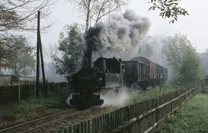 99&nbsp;1562 mit Güterzug nach Kemmlitz Ortsdurchfahrt Mügeln, am 25.10.1977