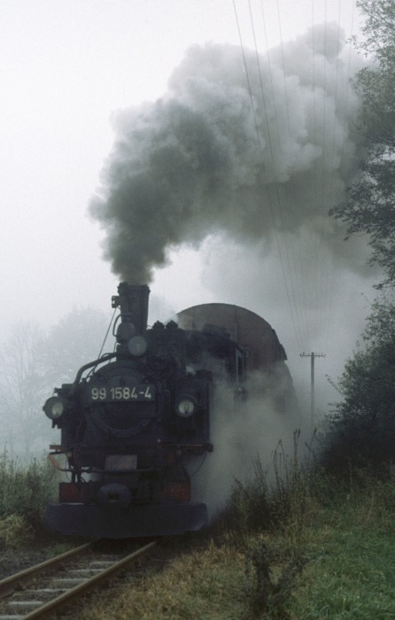 99&nbsp;1584 mit Güterzug ->Mügeln bei Thalheim, am 26.10.1977