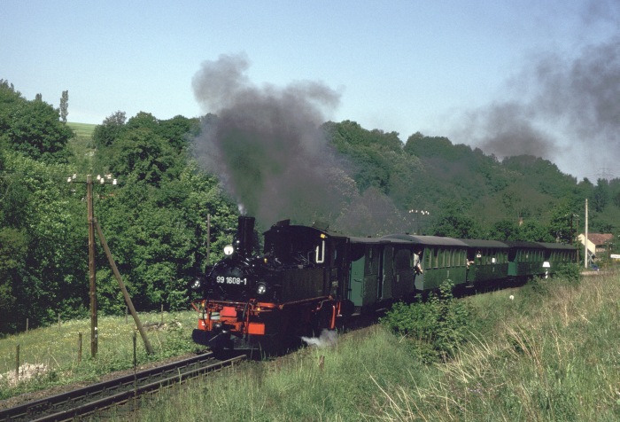 99&nbsp;1608 mit Sonderzug nach Malter hinter Seifersdorf, am 18.05.2002