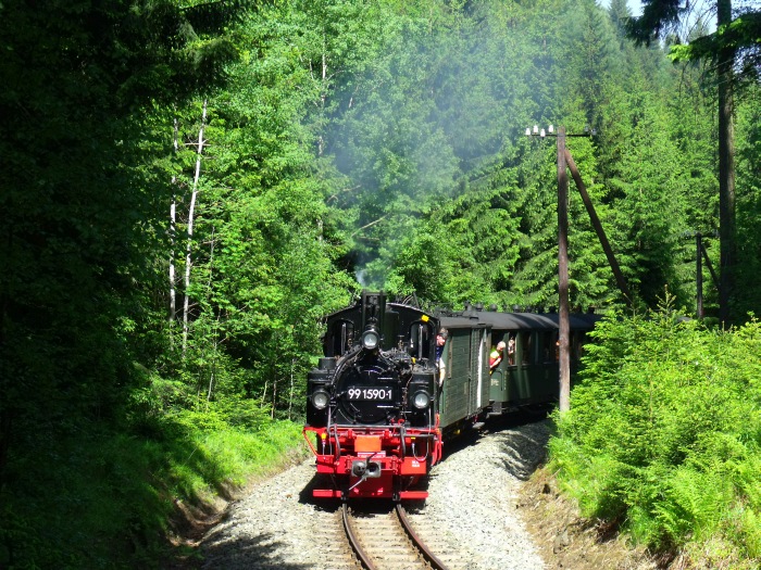 99&nbsp;1590 in der Kurve bei km&nbsp;20,2 im Schwarzwasser- Tal zwischen Schmalzgrube und Schlössel, um 15:35h am 08.06.2014