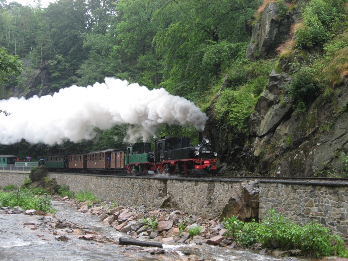 99&nbsp;1608 + Nr.176 mit P&nbsp;5206 hinter Ausfahrt Rabenau, am 18.07.2009