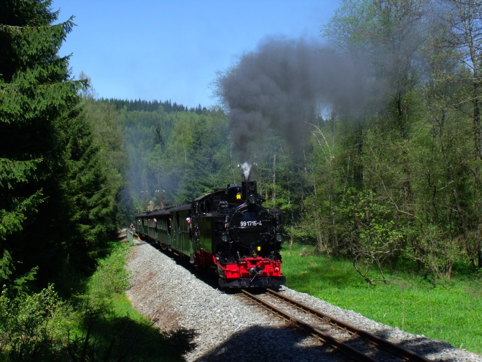 99&nbsp;1715 mit Zug&nbsp;13 hinter der Schwarzwasser-Brücke hinterm Loreleifelsen vor Schlössel, um 13:34h am 19.05.2013
