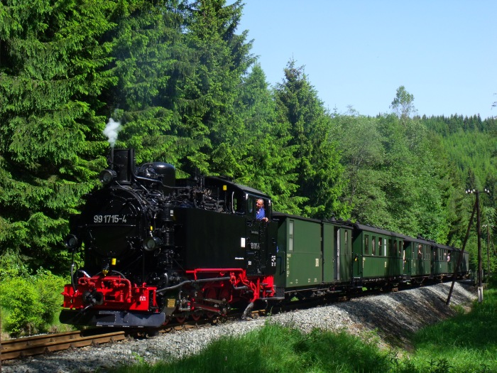99&nbsp;1715 mit Zug&nbsp;21 hinter der Schwarzwasser-Brücke hinterm Loreleifelsen vor Schlössel, um 10:36h am 08.06.2014