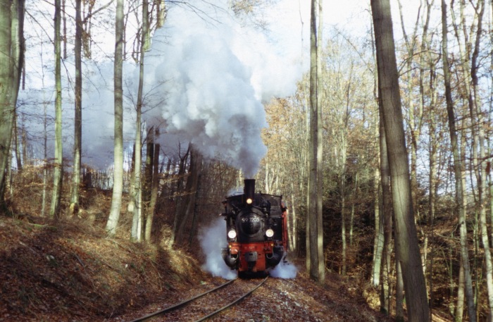 99&nbsp;7203 mit Nikolauszug im Wald im Duital, am 07.12.2003