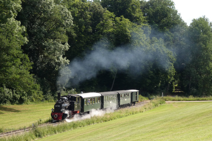99&nbsp;7203&nbsp; mit dem vollständig grünen Oppinger Zug hinter dem Bahnübergang am oberen Waldrand am Duital, um 10:12h am 26.06.2022