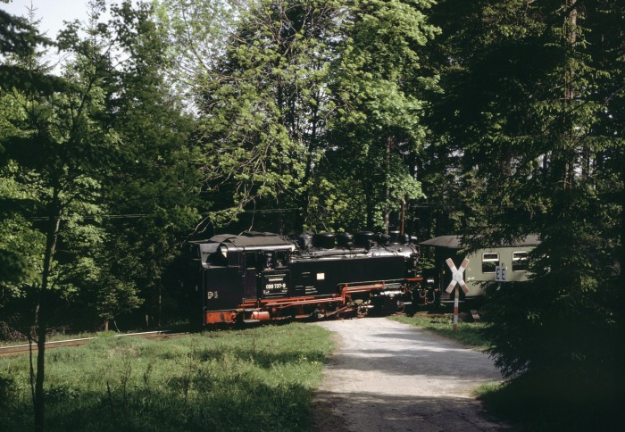 099&nbsp;737 (99&nbsp;772)&nbsp;Tv mit Zug N&nbsp;14306 abwärts mitten im Wald obwerhalb von Vierenstraße (am Fünfenbach-Tal), um 9:31h am 29.05.1992