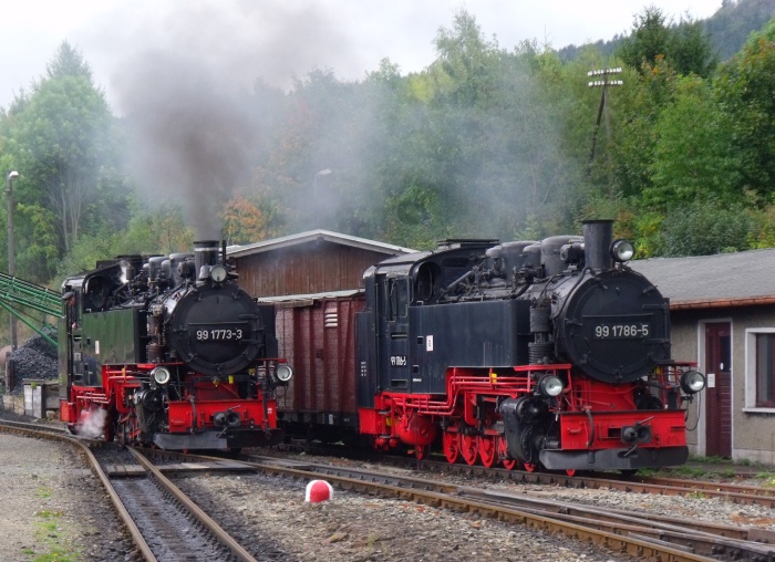 99&nbsp;1773 fährt an der kalten 99&nbsp;1786 vorbei, Bahnhof Cranzahl um 13:05h am 27.09.2019