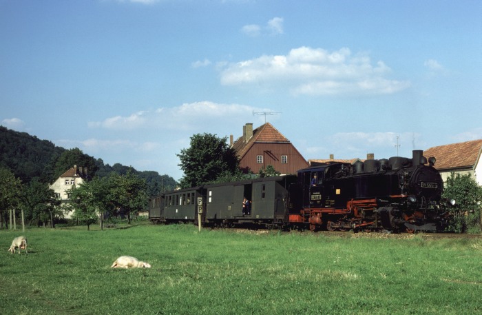 99&nbsp;1773 mit Zug&nbsp;69913 bei Ulberndorf, am 20.08.1978