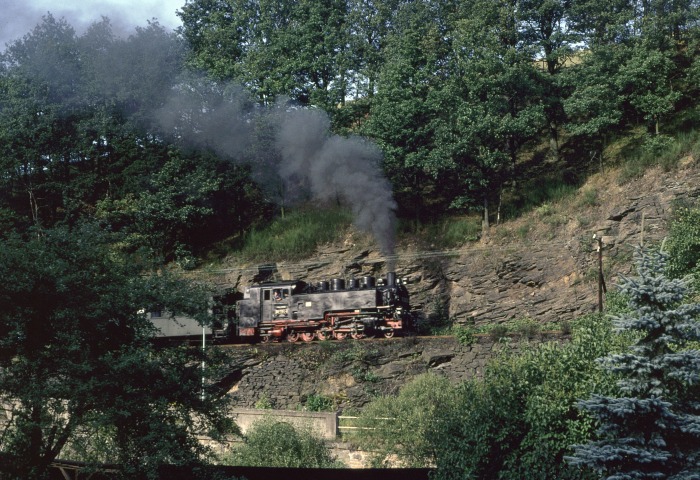 99&nbsp;1794 mit P&nbsp;14273 Ausfahrt Seifersdorf, am 01.09.1989