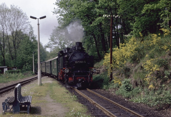 99&nbsp;1789 mit P&nbsp;14269 natürlich nach Kipsdorf und natürlich ein Reichsbahn-Zug! einfahrend in Seifersdorf, um 14:55h am 11.05.1990