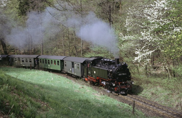 099&nbsp;735 (99&nbsp;762) vor &bdquo;N&ldquo;14269 im Rabenauer Grund zwischen Rabenau und Spechtritz, um 14:56h am 30.04.1992