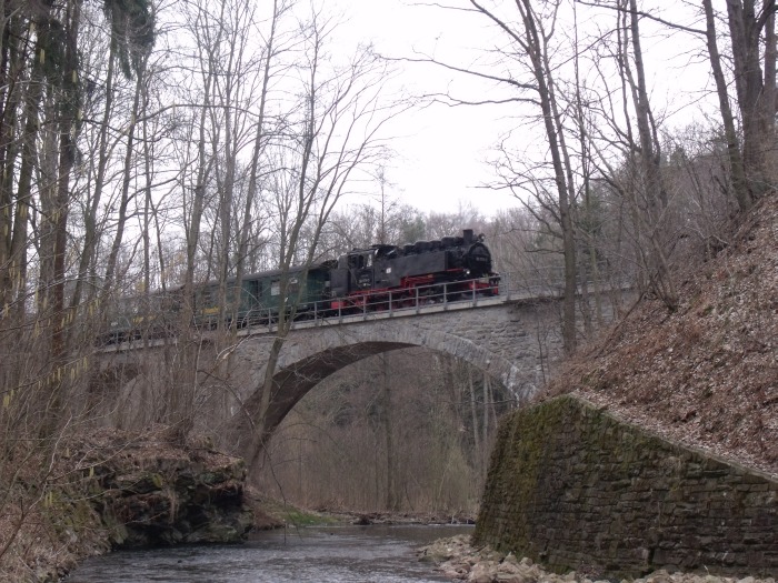 99&nbsp;771 (alias 1771) mit dem Planpersonenzug P&nbsp;5006 (Hainsberg->Dipps.) auf dem bekannten Steinbogenviadukt direkt vorm Bf Seifersdorf, um 14:41h am 25.03.2011