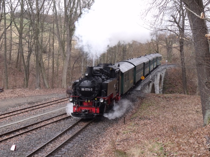99&nbsp;1734 fährt mit dem P&nbsp;5004 in Dipplodiswalde ein, um 12:59h am 25.07.2011