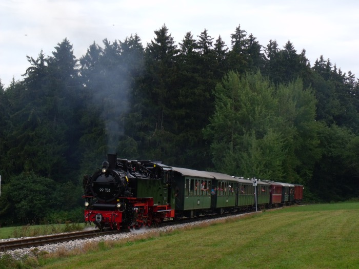 99&nbsp;788 mit Zug Ochsenhausen-Warthausen, hinter Reinstetten zwischen den Wäldern (etwa km&nbsp;16,4) um 12.33h am 13.09.2015