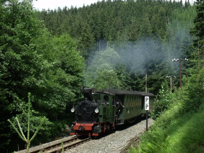 No&nbsp;54 mit Zug Nr.13 direkt neben der Preßnitz im Tal zwischen Schmalzgrube und Schlössel, um 13:38h am 23.07.2011