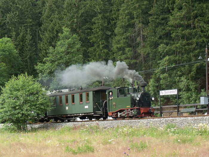 No&nbsp;54 mit Zug Nr.17 beim Halt am Hp Forellenhof, um 17:18h am 23.07.2011
