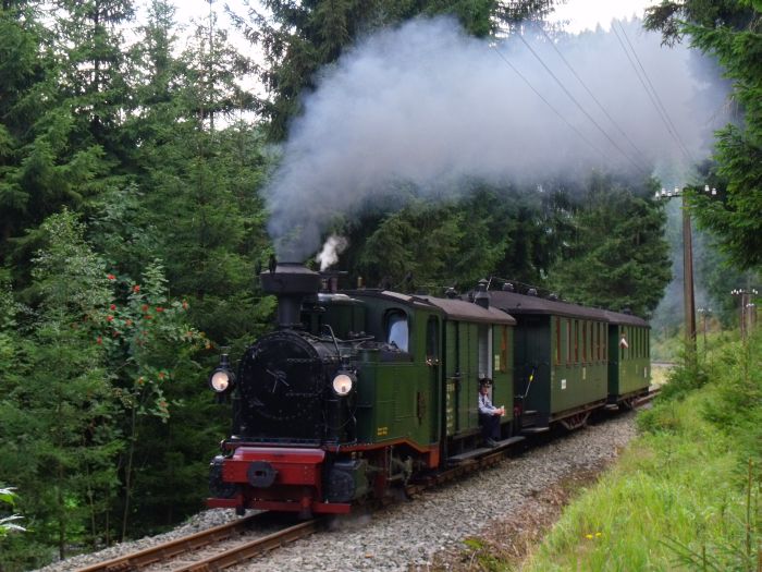 No&nbsp;54 mit Zug&nbsp;13 aufwärts fahrend, kurz vor dem kleinen Einschnitt in der engen Kurve im Schwarzwasser-Tal zwischen Schmalzgrube und Schlössel,um 13:31 am 28.08.2011
