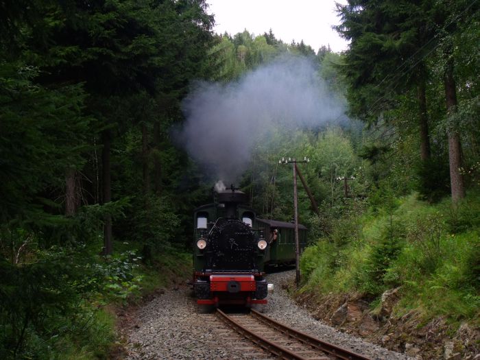 No&nbsp;54 mit Zug&nbsp;15 in dem kleinen Einschnitt in der engen Kurve im Schwarzwasser-Tal zwischen Schmalzgrube und Schlössel,um 15:31 am 28.08.2011