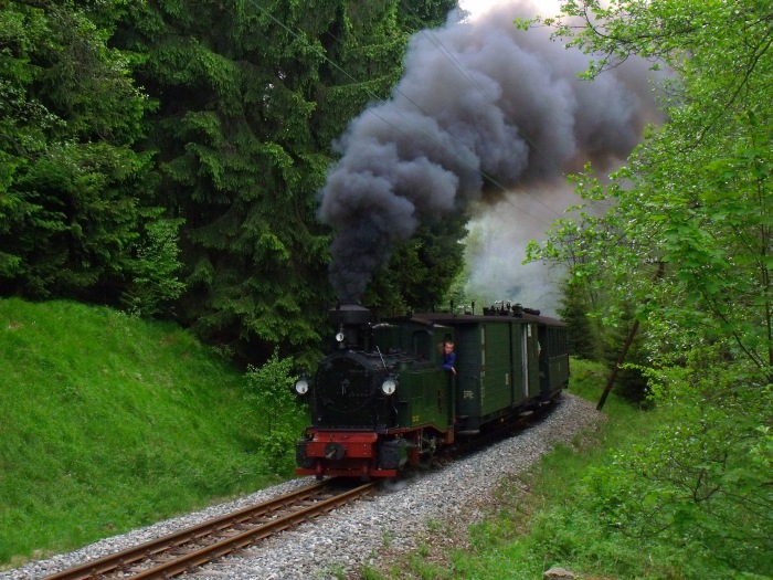 No&nbsp;54 mit Zug&nbsp;45 auf der Preßnitztalbahn, vor der Einfahrt von Schlössel, um 12:08h am 27.05.2012