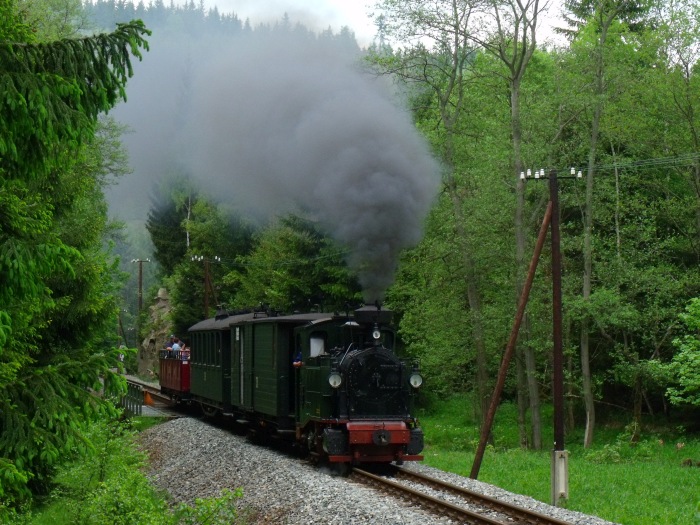 No&nbsp;54 mit Zug&nbsp;49 auf der Preßnitztalbahn, hinter der Schwarzwasser -Brücke vor der Einfahrt von Schlössel, um 14:07h am 27.05.2012