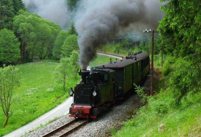 No&nbsp;54 mit Zug&nbsp;43 auf der Preßnitztalbahn, im Tal hinter Schmalzgrube, um 11:00h am 28.05.2012