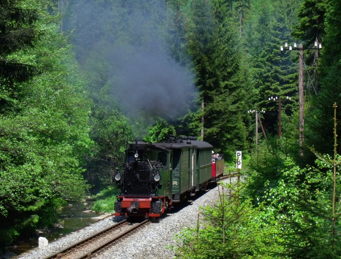 No&nbsp;54 mit Zug&nbsp;47 auf der Preßnitztalbahn, an der Schwarzwasser im Tal zwischen Schmalzgrube und Schlössel kurz vor der berühmten Naturstein- Stützmauer, um 13:00h am 28.05.2012