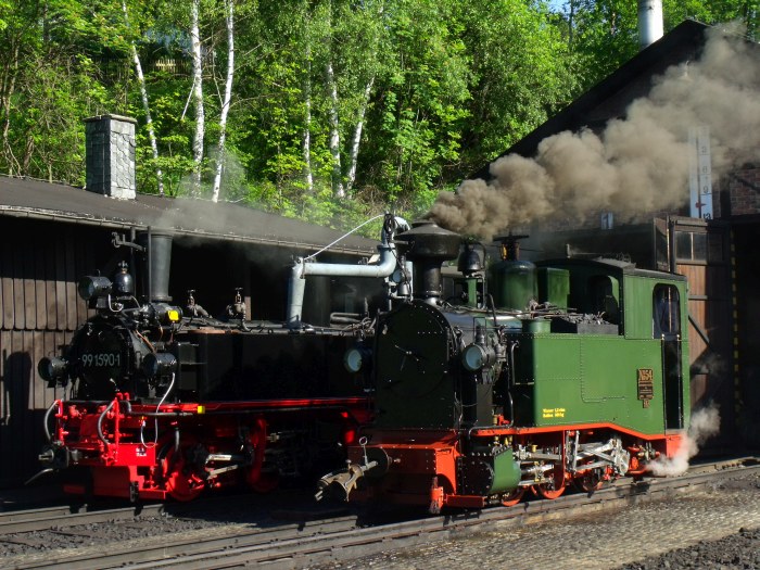No.54 neben 99&nbsp;1590 im Bw Jöhstadt, morgens um 8:36h am Samstag vor Pfingsten, dem 07.06.2014