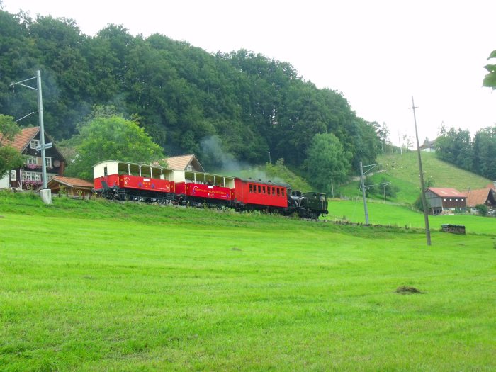 Lok RHB&nbsp;3 mit dem talwärts fahrenden Zug zurück von Heiden nach Roschach durchfährt den kleinen Haltepunkt Schwendi, um 13:16h am 01.09.2013