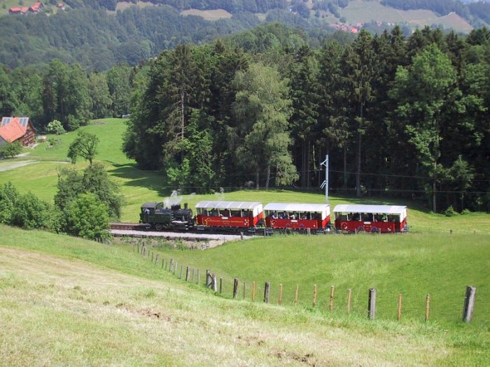 Lok Rosa RHB&nbsp;3&nbsp;Tv auf Talfahrt oberer Streckenabschnitt in der typischen Berglandschaft, unterhalb von Heiden