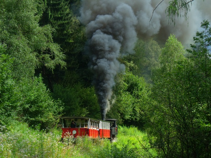 Lok&nbsp;3 der AsB schiebt die in diesen Hauptsaison üblichen und schön schweren 2 Wagen von Jenbach hoch zum Achensee, wenige hundert Meter hinter dem Haltepunkt Burgeck fotografiert und synchron akustisch aufgenommen, um 15:16h am 02.08.2017