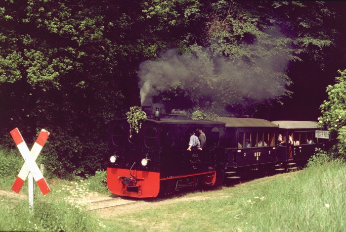 Lok PLETTENBERG vorm P&nbsp;481 Halt am Hp&nbsp;Vilser&nbsp;Holz, um 12:20h am Pfingstsonntag, den 30.05.2004