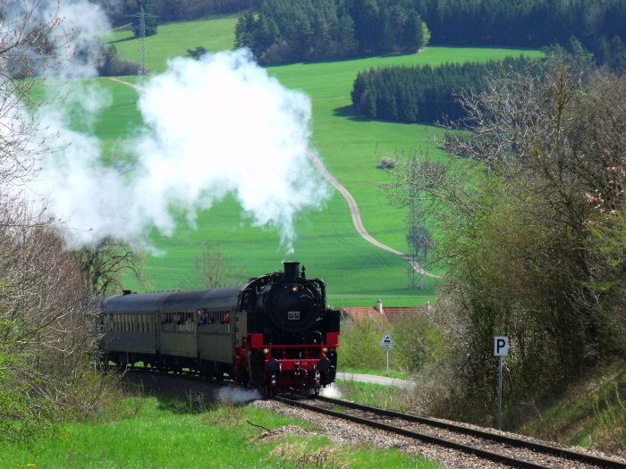 BB&nbsp;262 mit UEF-Sonderzug zurück Richtung Blumberg-Immendingen (->Stuttgart) im Einschnitt oberhalb Fützen hinter der B314-Brücke, um 13:50h am 16.04.2016