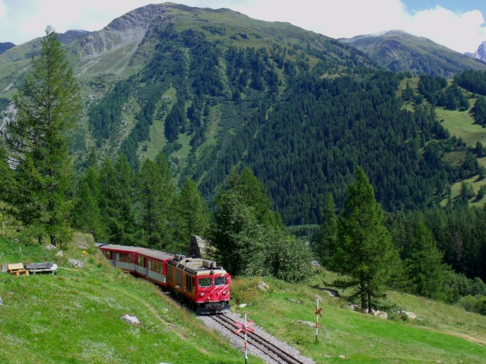 Die Nr.&nbsp;61 HGm4/4 der ex FO wird von der MGB (Matterhorn-Gotthardt-Bahn) langfristig für die Dieselzüge ausgeliehen. Hier sieht man sie mit dem nachmittäglichen Zug aus Gletsch talwärts fahrend am Hang nahe dem Ortsteil Unterwassern von Oberwald, am 24.08.2014 um 13:35h
