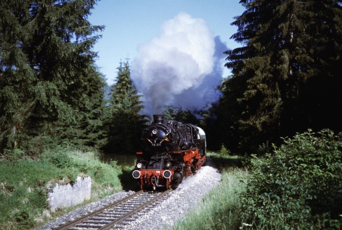 58&nbsp;311 mit Zug nach Amstetten in der Steigung im Wald hinter Amstetten, 01.07.2006
