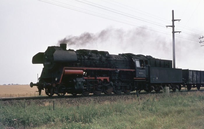 58&nbsp;3010 mit Güterzug aus Richtung Döbeln vor Riesa, am 15.07.1976