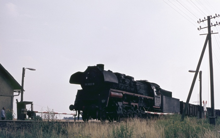 58&nbsp;3022 mit Güterzug aus Richtung Döbeln, vor Riesa, am 15.07.1976