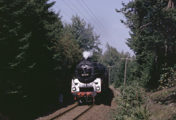 58&nbsp;3047 mit Sonderzug aus Zwickau kommend im Wald vor Grünbach, am 09.09.1989