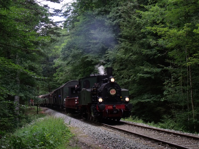 Lok&nbsp;11 mit Zug Schorndorf-Welzheim im Wald zwischen Laufenmühle und Breitenfürst, um 14:00h am 13.06.2011