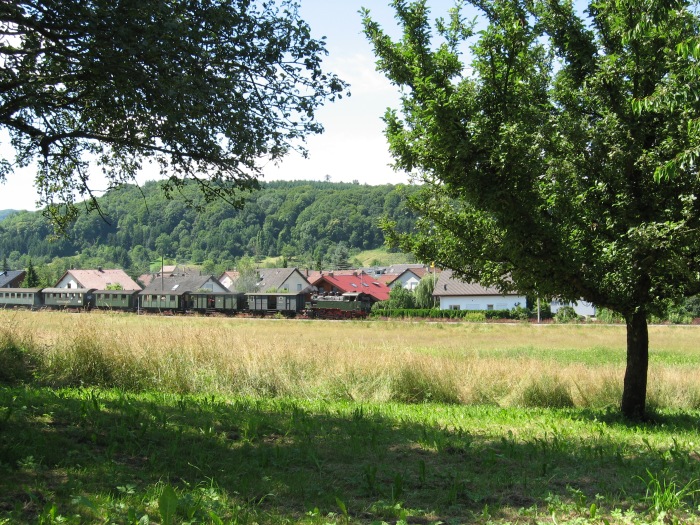 Nr.16&nbsp;Tv mit Zug Neuffen-Nürtingen, oberhalb von Haltepunkt Frickenhausen- Kelterstraße, um 11:59h am 17.06.2007