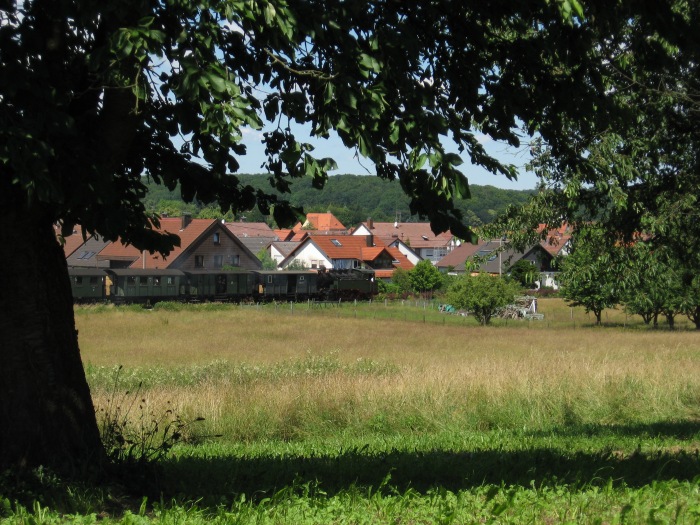 Nr.16&nbsp;Tv mit Zug Neuffen-Nürtingen, oberhalb von Haltepunkt Frickenhausen- Kelterstraße, um 11:59h am 17.06.2007