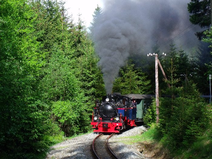 AQUARIUS&nbsp;C mit Zug&nbsp;17 auf der Preßnitztalbahn, direkt auf dem kleinen Wanderweg- Bahnübergang vor der engen Kurve im Tal zwischen Schmalzgrube und Schlössel, um 17:28h am 26.05.2012