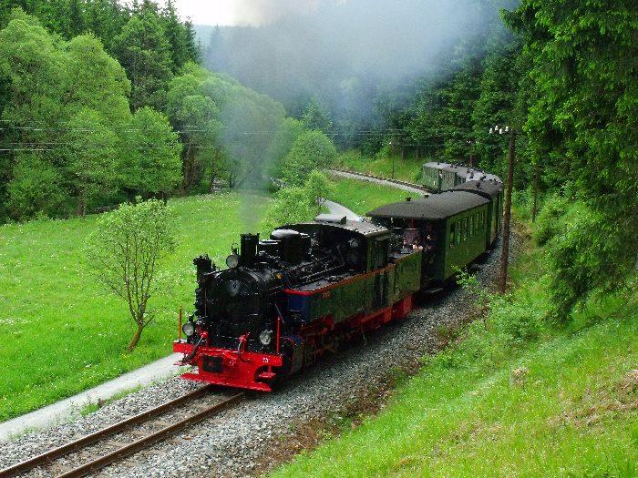 AQUARIUS&nbsp;C mit Zug&nbsp;11 in der weiten Kurve am Wanderweg im Tal weit oberhalb von Schmalzgrube, um 11:29h am 28.05.2012