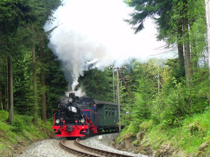 AQUARIUS&nbsp;C mit Zug&nbsp;49 in der engen Kurve im Schwarzwassertal bei km&nbsp;20,2 zwischen Schmalzgrube und Schlössel, um 14:05h am 18.05.2013