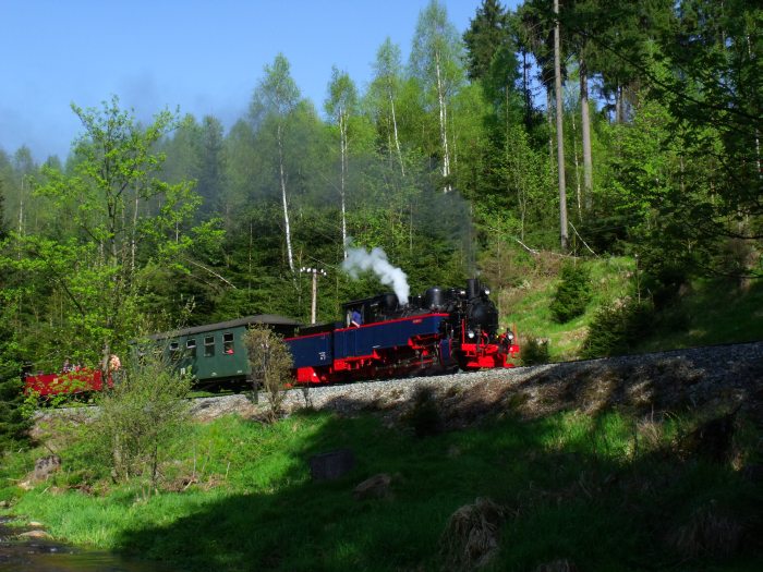 AQUARIUS&nbsp;C mit Zug&nbsp;55 im schönen, strahlenden Nachmittagslicht am Ufer des Schwarzwasser- Flusses vorm Haltepunkt Loreleifelsen, um 17:02h am 19.05.2013