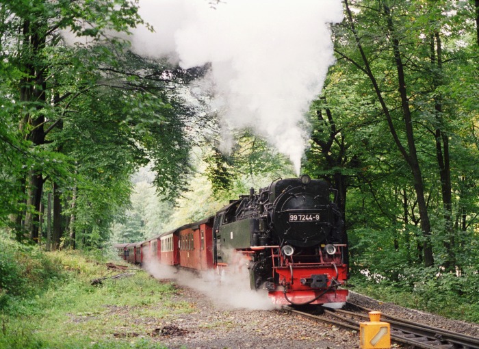 99&nbsp;7244 mit Zug&nbsp;8933 Ausfahrt Steinerne Renne, am 01.10.1995