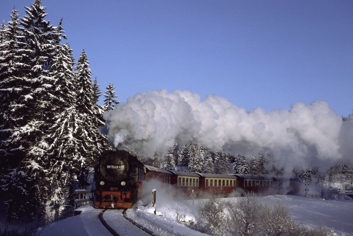 99&nbsp;7243 mit Zug&nbsp;8901 vorm Haltepunkt Sorge, am 31.01.1993
